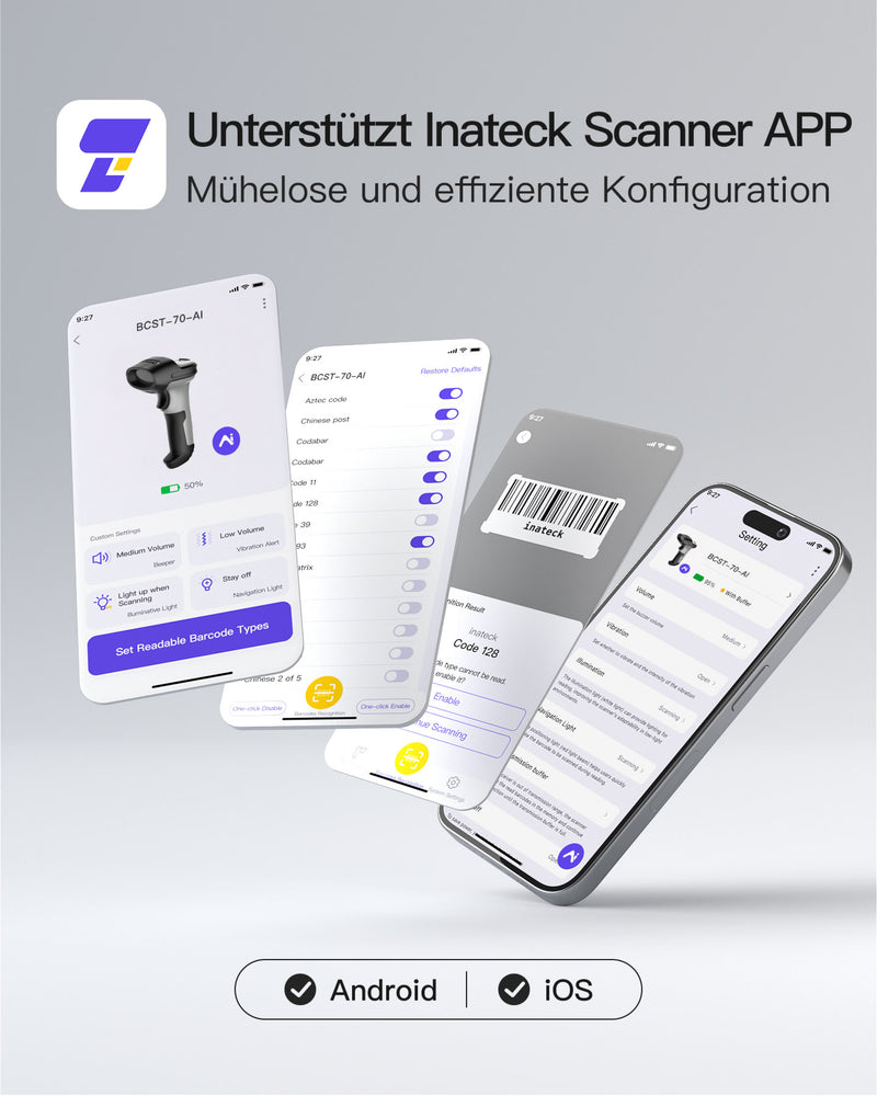 AI Barcode Scanner Bluetooth 1D Scanner, mit APP und SDK, BCST-70 AI