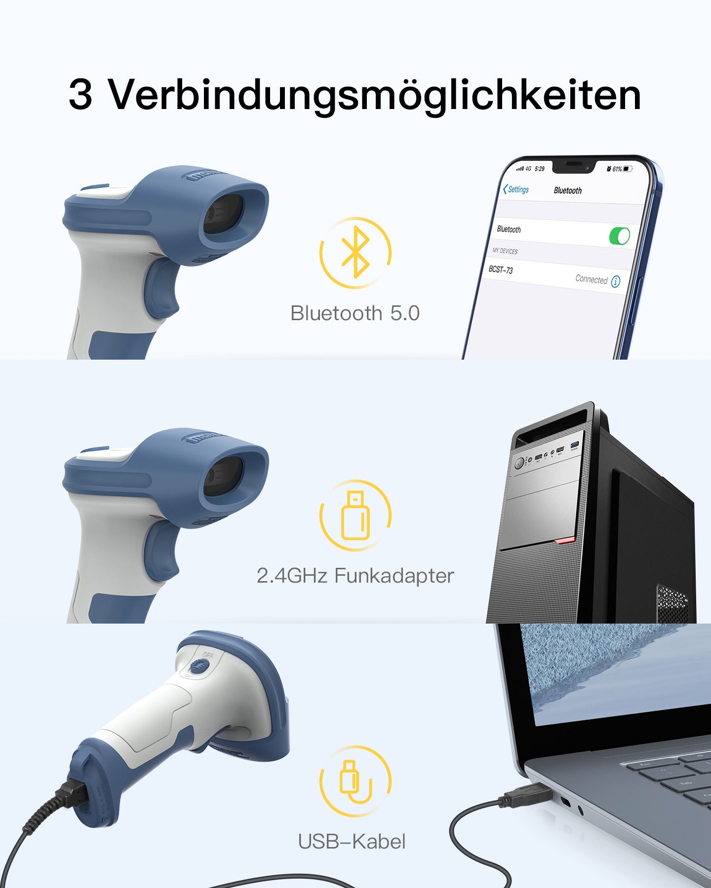 BCST-73 1D/2D Barcodescanner, Kabellos 2.4GHz, Bluetooth 5.0, Displays ...